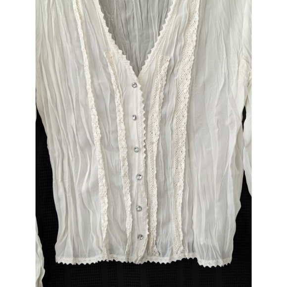 LE CAVIAR! PETIT-CROCHET CRINKLED CREAM "DIAMOND" BUTTON BLOUSE, TOP! SZ XL - Picture 4 of 7